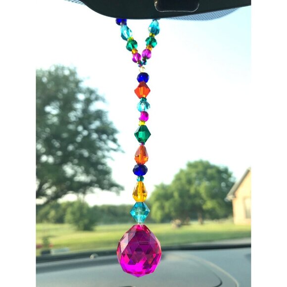 Beaded Suncatcher Car Charm Rearview Mirror Ornament Pink Crystal Prism Jewel - Picture 2 of 9